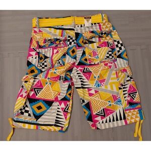 Focus Mens‎ Geometric Tribal Cotton Cargo Shorts Multi-Color Belted Size 34 NEW